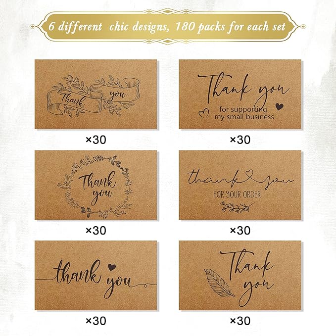 180 Pcs Thank You Cards Small Business 6 Design Mini Thank You for Supporting Card Greeting Gift for Your Order Shopping, 2 x 3.5 Inch Bulk Brown Kraft Note Card for Retail Store,Wedding,Wedding