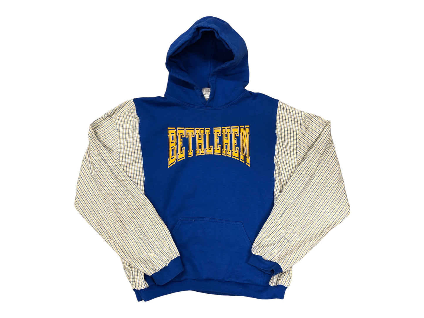 Upcycled Bethlehem reworked hoodie flannel/cotton sleeves oversized refashion royal, gold reconstructed pullover OOAK