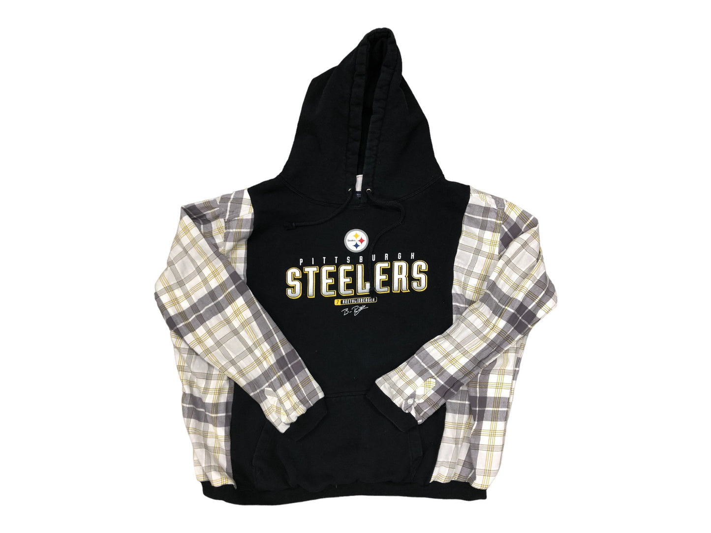 Upcycled Steelers PA reworked sweatshirt flannel/cotton sleeves oversized refashion black grey yellow white reconstructed pullover OOAK