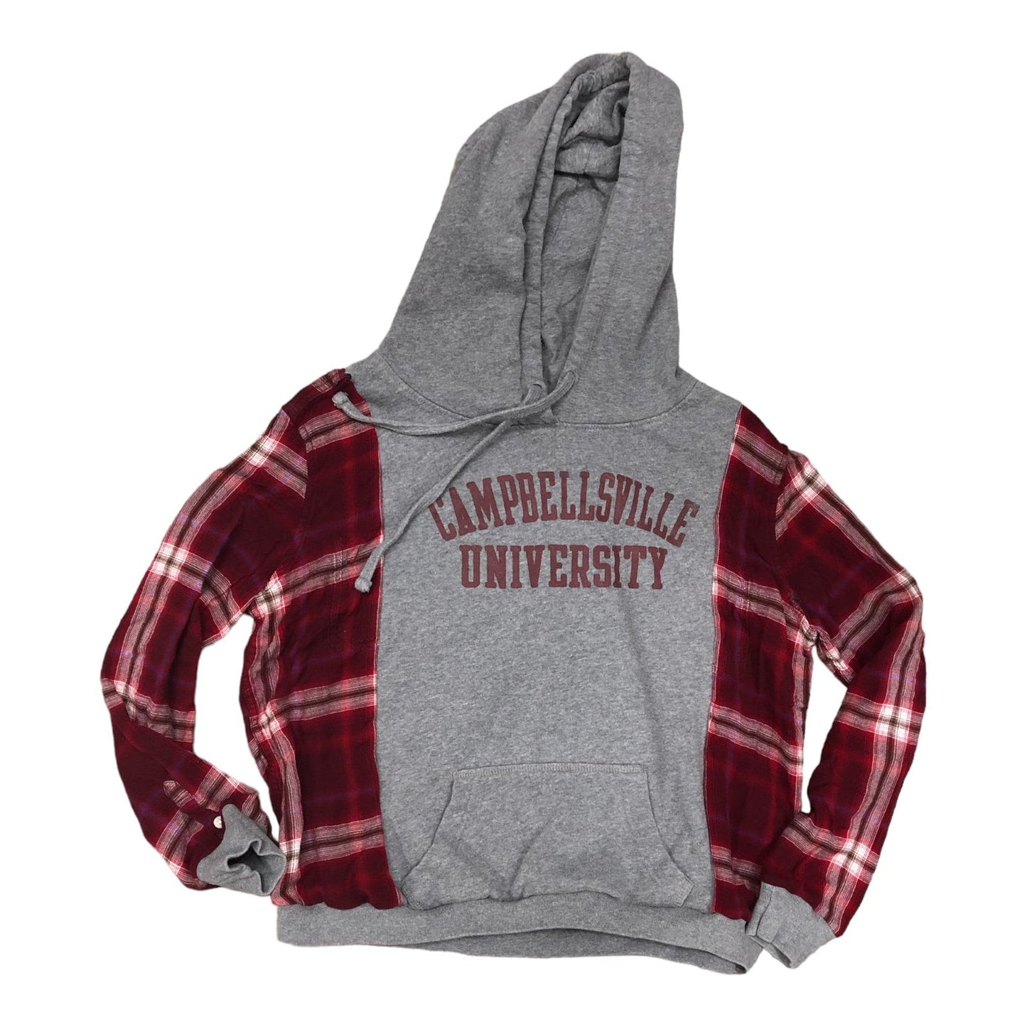 Upcycled Campbellsville University hoodie reworked flannel/cotton sleeves oversized refashion grey & maroon reconstructed pullover OOAK