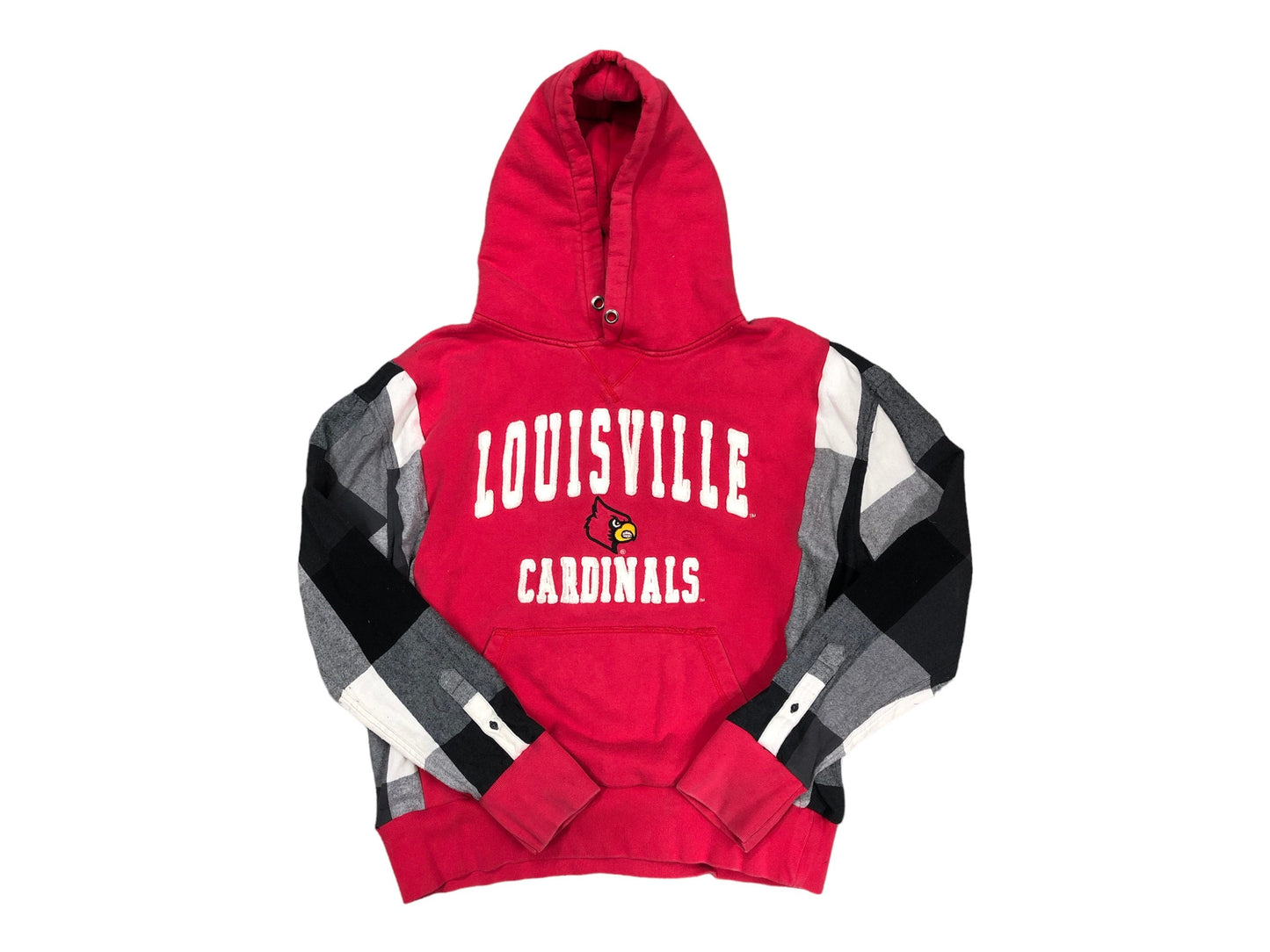 Upcycled cardinals Louisville hoodie sweatshirt reworked flannel oversized refashion black white red plaid reconstructed pullover OOAK